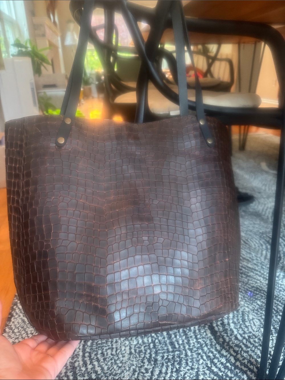 Textured Croc-Embossed Leather Tote Dark Brown